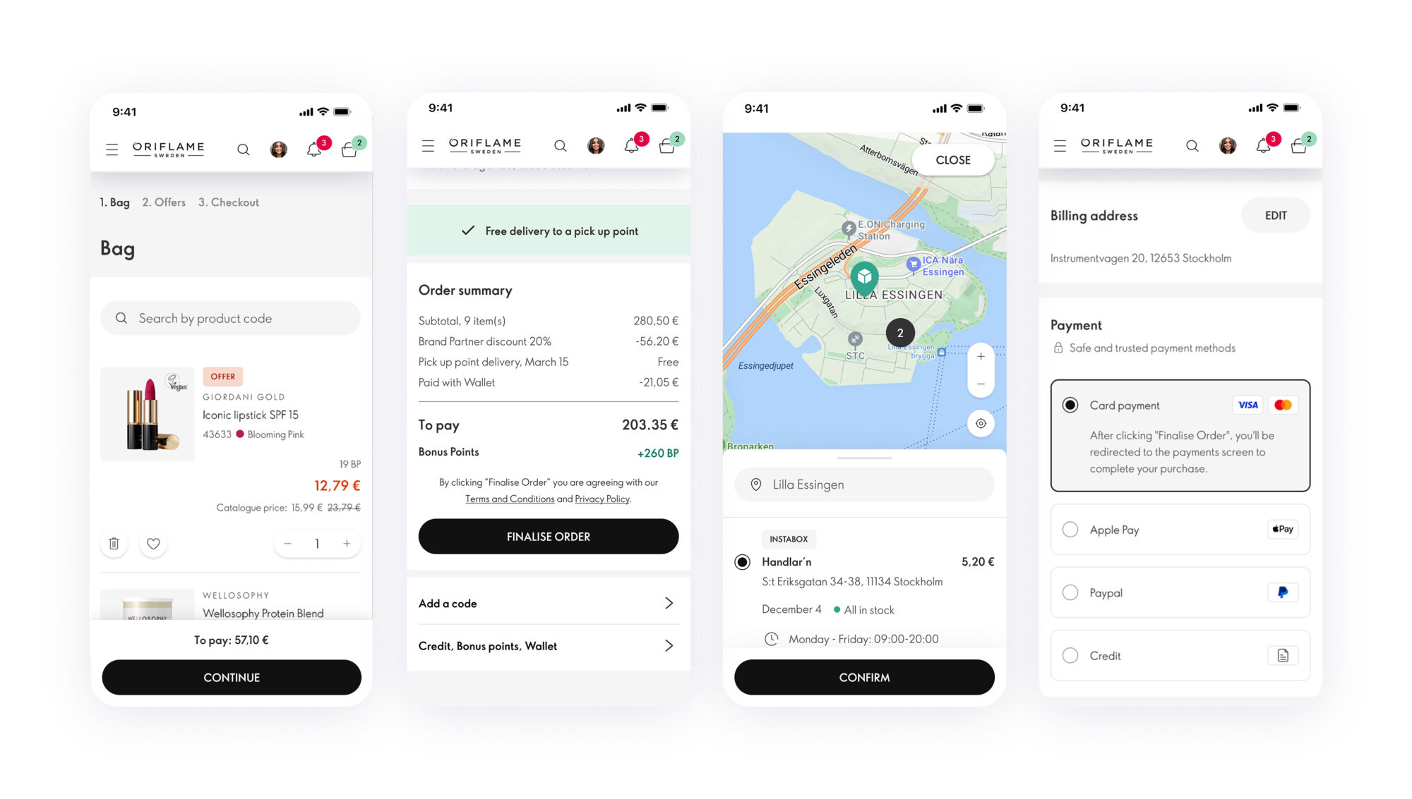 Four mobile checkout screens from Oriflame showing bag contents, order summary, delivery location map, and payment method selection.