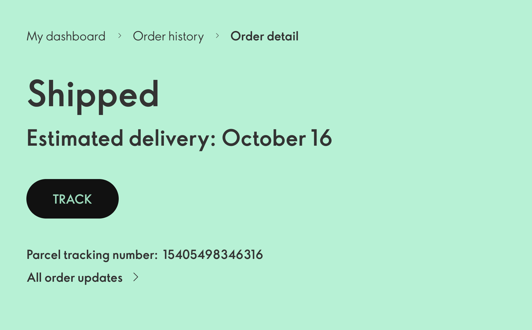 Order detail page showing ‘Shipped’ status with estimated delivery date October 16, a track button, parcel tracking number, and link to all order updates.